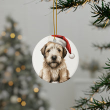 DistinctInk Hanging Ceramic Christmas Tree Ornament with Gold String - Great Gift/Present - 2 3/4 inch Diameter - Soft Coated Wheaten Terrier Puppy Drawing Design