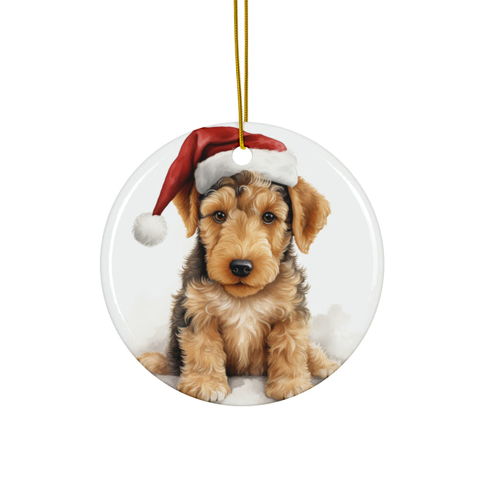 DistinctInk Hanging Ceramic Christmas Tree Ornament with Gold String - Great Gift/Present - 2 3/4 inch Diameter - Airedale Terrier Puppy Drawing Design