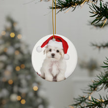 DistinctInk Hanging Ceramic Christmas Tree Ornament with Gold String - Great Gift/Present - 2 3/4 inch Diameter - Maltese Puppy Design