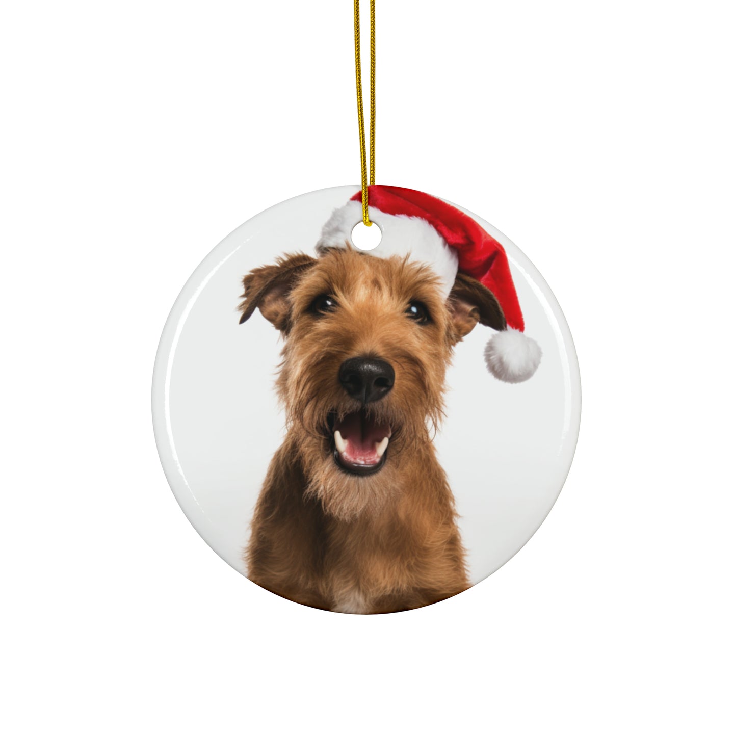 DistinctInk Hanging Ceramic Christmas Tree Ornament with Gold String - Great Gift/Present - 2 3/4 inch Diameter - Irish Terrier Design