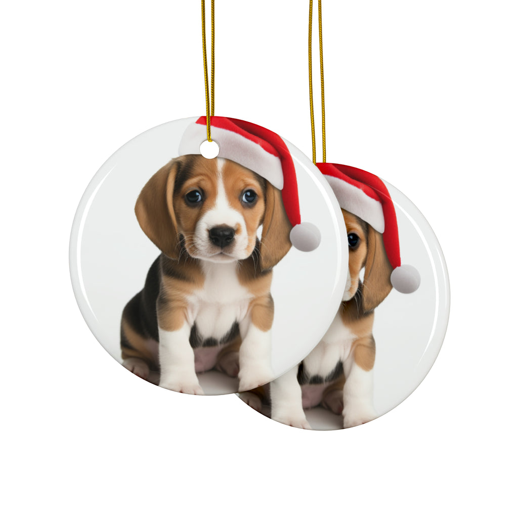 Hanging Ceramic Christmas Tree Ornament with Gold String - Beagle Puppy Design, view 2