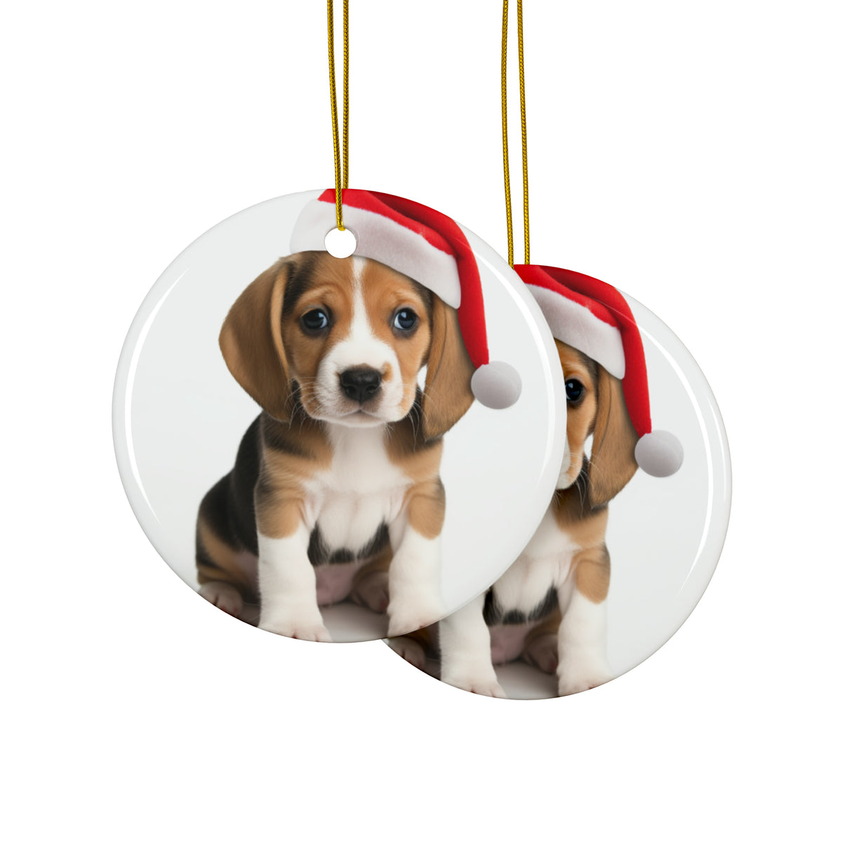 Hanging Ceramic Christmas Tree Ornament with Gold String - Beagle Puppy Design, view 2