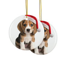 DistinctInk Hanging Ceramic Christmas Tree Ornament with Gold String - Great Gift/Present - 2 3/4 inch Diameter - Beagle Puppy Design