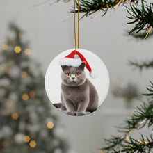 DistinctInk Hanging Ceramic Christmas Tree Ornament with Gold String - Great Gift/Present - 2 3/4 inch Diameter - British Shorthair Cat Design