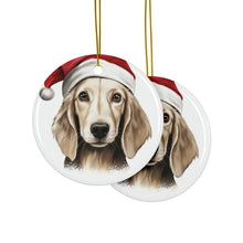 DistinctInk Hanging Ceramic Christmas Tree Ornament with Gold String - Great Gift/Present - 2 3/4 inch Diameter - Saluki Puppy Drawing Design