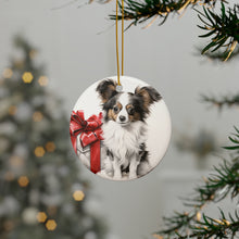 DistinctInk Hanging Ceramic Christmas Tree Ornament with Gold String - Great Gift/Present - 2 3/4 inch Diameter - Papillon Puppy Drawing Design