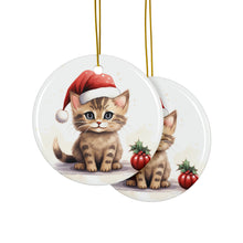 DistinctInk Hanging Ceramic Christmas Tree Ornament with Gold String - Great Gift/Present - 2 3/4 inch Diameter - Serengeti Cat Design