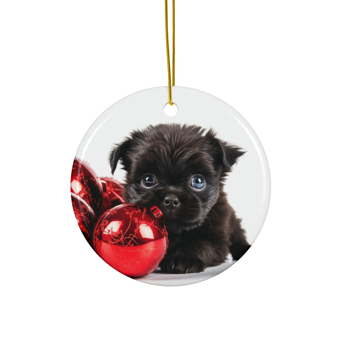 DistinctInk Hanging Ceramic Christmas Tree Ornament with Gold String - Great Gift/Present - 2 3/4 inch Diameter - Affenpinscher Puppy Design