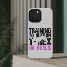 DistinctInk ToughCase for Apple iPhone, Compatible with MagSafe Charging - Training to Outrun T-Rex in Heels