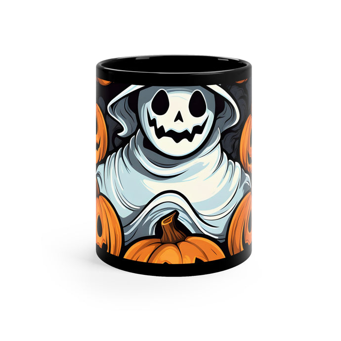 DistinctInk Black Coffee Mug - Spooky Skeletal Pumpkin Patch for Halloween