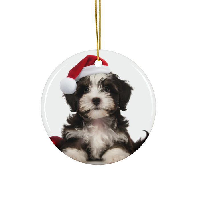 DistinctInk Hanging Ceramic Christmas Tree Ornament with Gold String - Great Gift/Present - 2 3/4 inch Diameter - Havanese Puppy Design