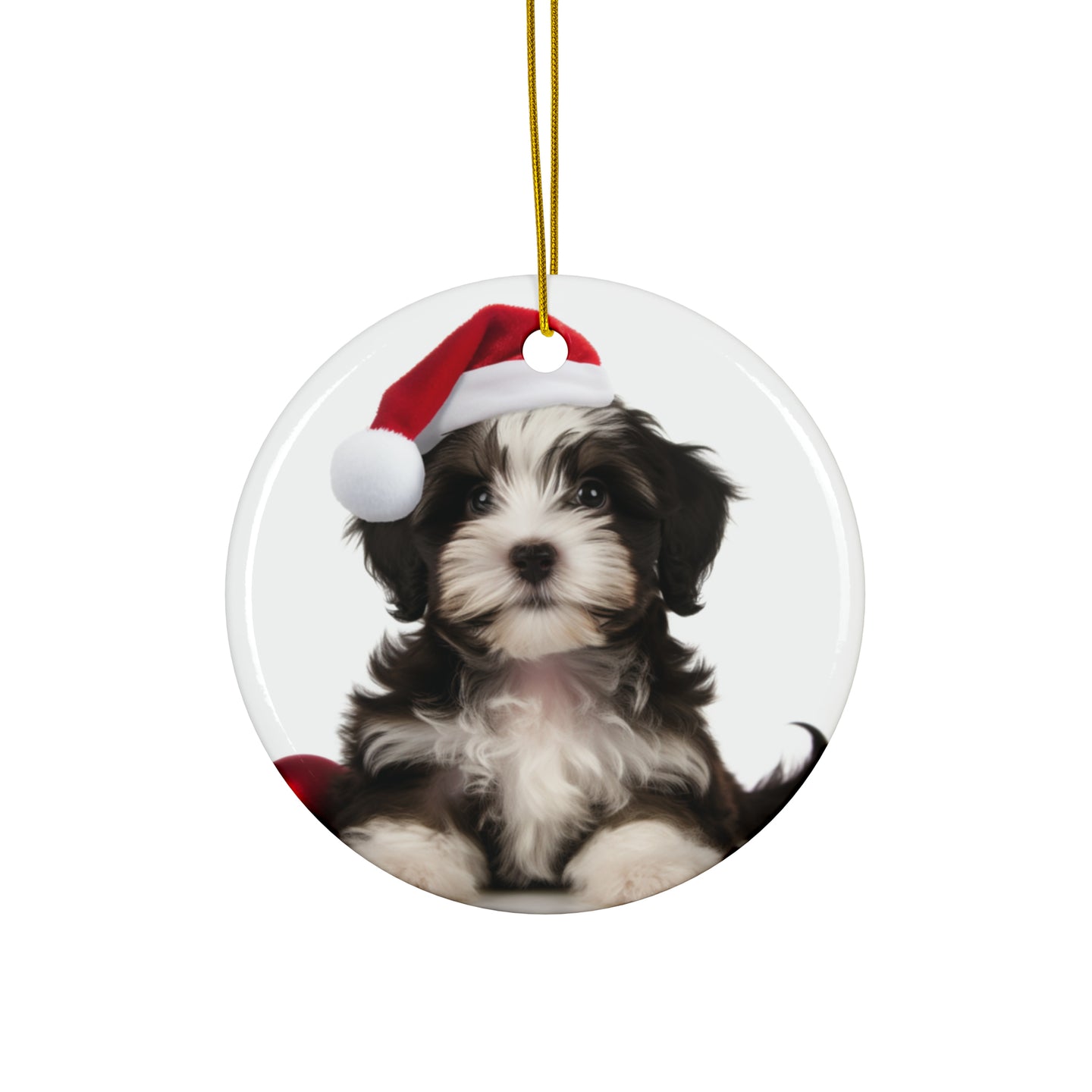 DistinctInk Hanging Ceramic Christmas Tree Ornament with Gold String - Great Gift/Present - 2 3/4 inch Diameter - Havanese Puppy Design