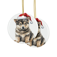 DistinctInk Hanging Ceramic Christmas Tree Ornament with Gold String - Great Gift/Present - 2 3/4 inch Diameter - Swedish Vallhund Puppy Drawing Design