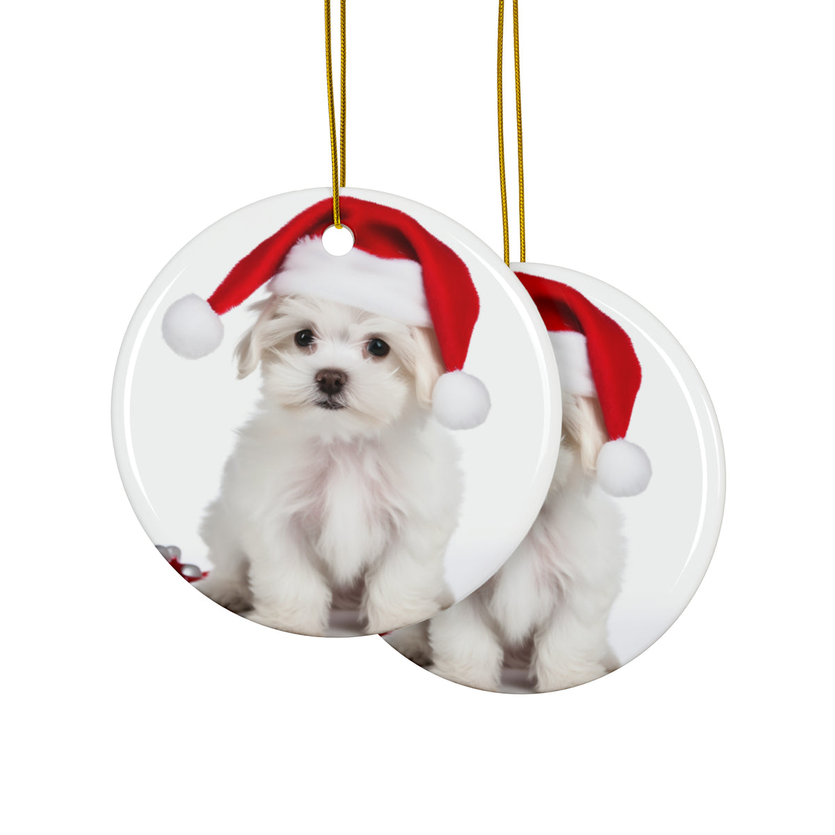Hanging Ceramic Christmas Tree Ornament with Gold String - Maltese Puppy Design, view 2