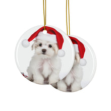 DistinctInk Hanging Ceramic Christmas Tree Ornament with Gold String - Great Gift/Present - 2 3/4 inch Diameter - Maltese Puppy Design