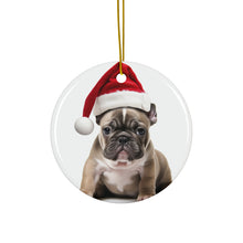 DistinctInk Hanging Ceramic Christmas Tree Ornament with Gold String - Great Gift/Present - 2 3/4 inch Diameter - French Bulldog Puppy Design