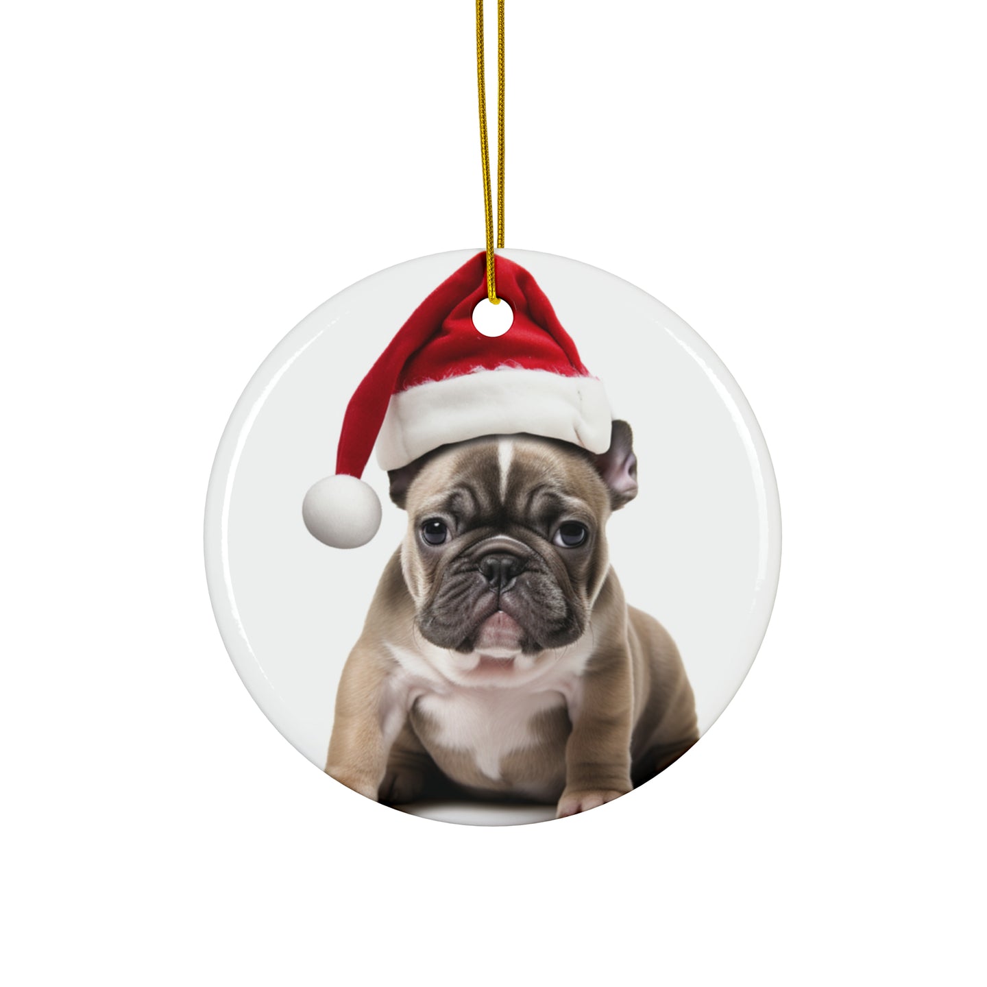 DistinctInk Hanging Ceramic Christmas Tree Ornament with Gold String - Great Gift/Present - 2 3/4 inch Diameter - French Bulldog Puppy Design