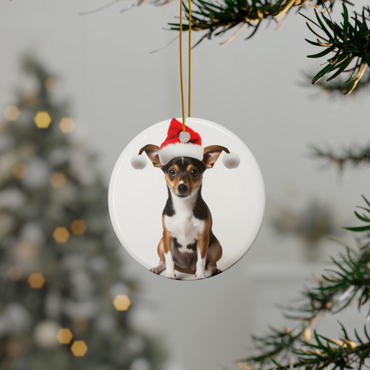 Hanging Ceramic Christmas Tree Ornament with Gold String - Toy Fox Terrier Design, view 3