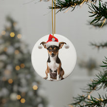 DistinctInk Hanging Ceramic Christmas Tree Ornament with Gold String - Great Gift/Present - 2 3/4 inch Diameter - Toy Fox Terrier Design