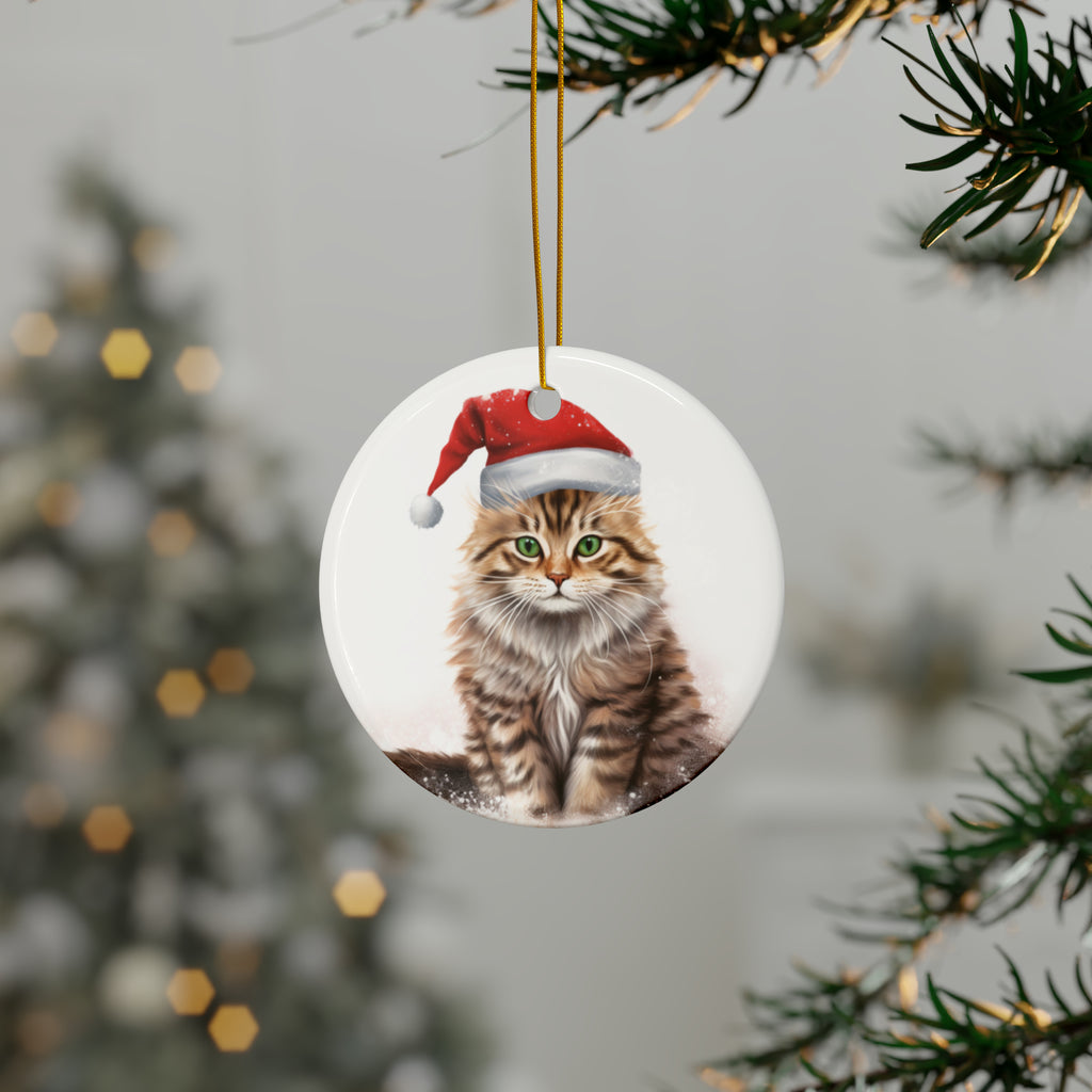 Hanging Ceramic Christmas Tree Ornament with Gold String - American Bobtail Cat Design, view 3