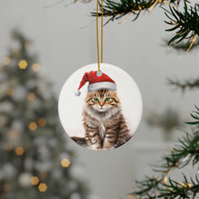 DistinctInk Hanging Ceramic Christmas Tree Ornament with Gold String - Great Gift/Present - 2 3/4 inch Diameter - American Bobtail Cat Design