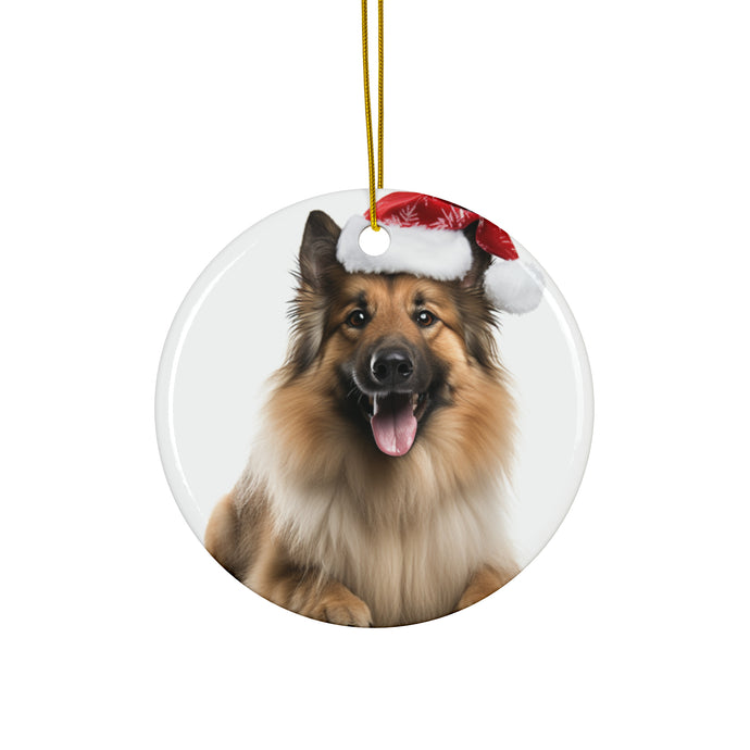 DistinctInk Hanging Ceramic Christmas Tree Ornament with Gold String - Great Gift/Present - 2 3/4 inch Diameter - Belgian Tervuren Design