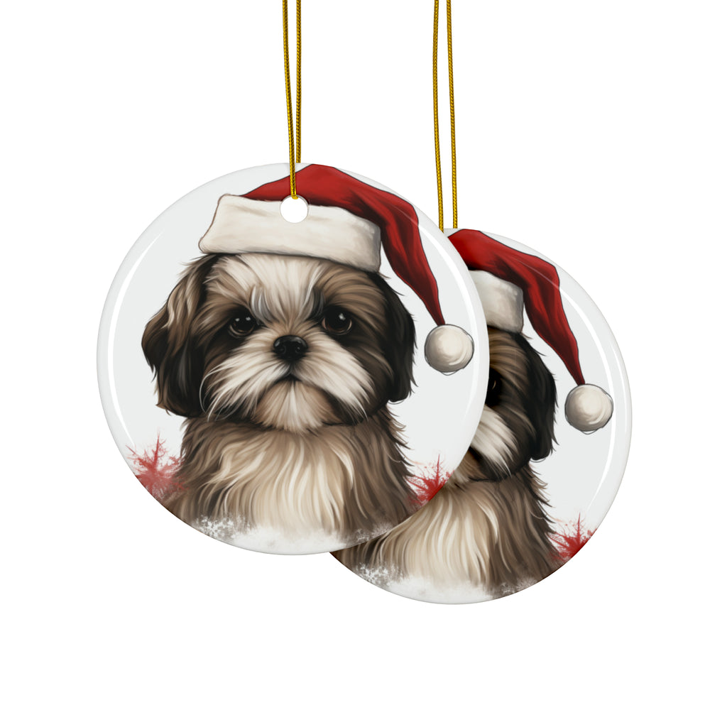 Hanging Ceramic Christmas Tree Ornament with Gold String - Shih Tzu Puppy Drawing Design, view 2