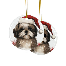 DistinctInk Hanging Ceramic Christmas Tree Ornament with Gold String - Great Gift/Present - 2 3/4 inch Diameter - Shih Tzu Puppy Drawing Design