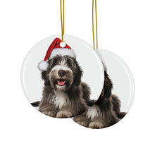 DistinctInk Hanging Ceramic Christmas Tree Ornament with Gold String - Great Gift/Present - 2 3/4 inch Diameter - Bergamasco Sheepdog Puppy Design
