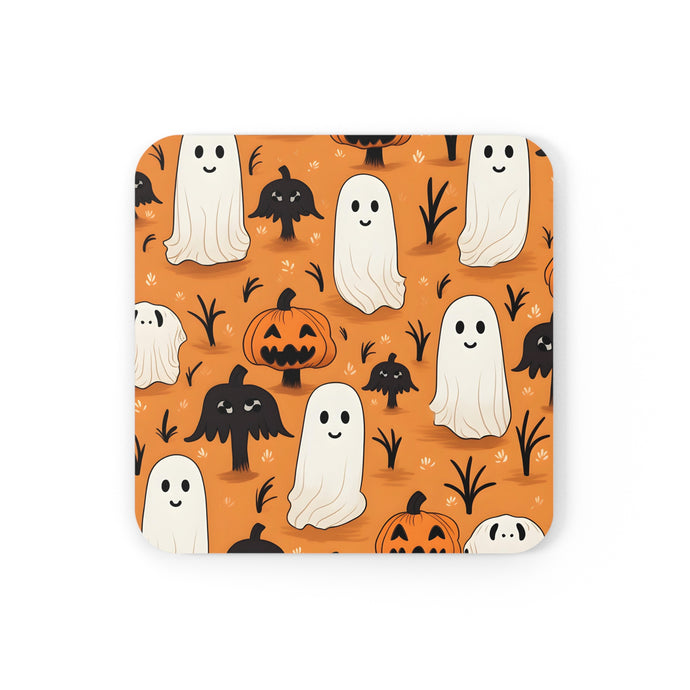 DistinctInk (Set of 4) Corkwood Coasters with Ghost Skeleton Pumpkin CartoonsDesign for Halloween