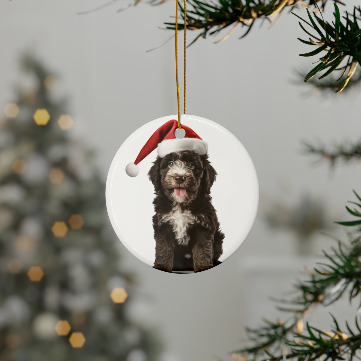 Hanging Ceramic Christmas Tree Ornament with Gold String - Barbet Puppy Design, view 3