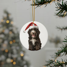 DistinctInk Hanging Ceramic Christmas Tree Ornament with Gold String - Great Gift/Present - 2 3/4 inch Diameter - Barbet Puppy Design