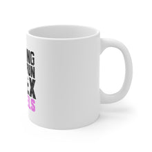 DistinctInk Glossy White Coffee / Tea Mug - Training to Outrun T-Rex in Heels