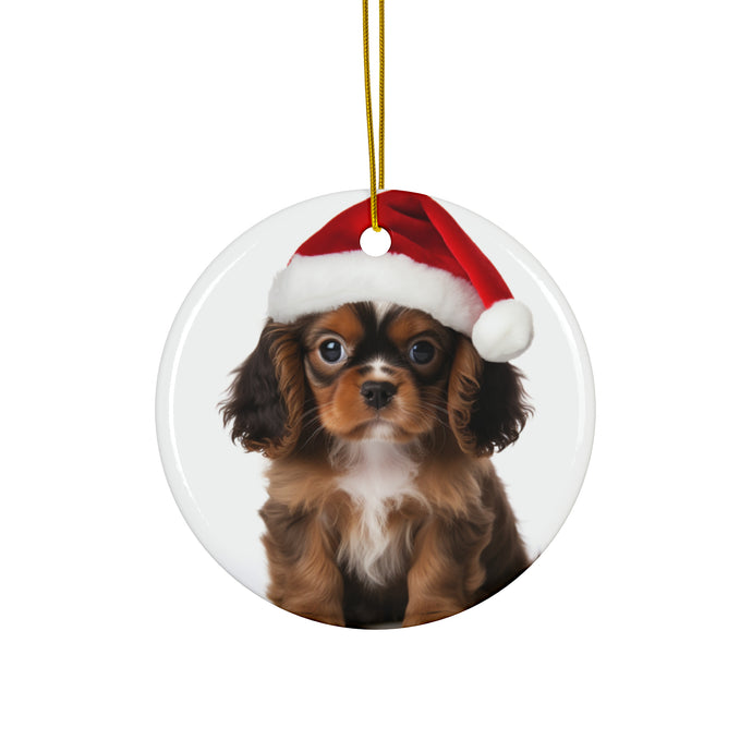 DistinctInk Hanging Ceramic Christmas Tree Ornament with Gold String - Great Gift/Present - 2 3/4 inch Diameter - English Toy Spaniel Puppy Design