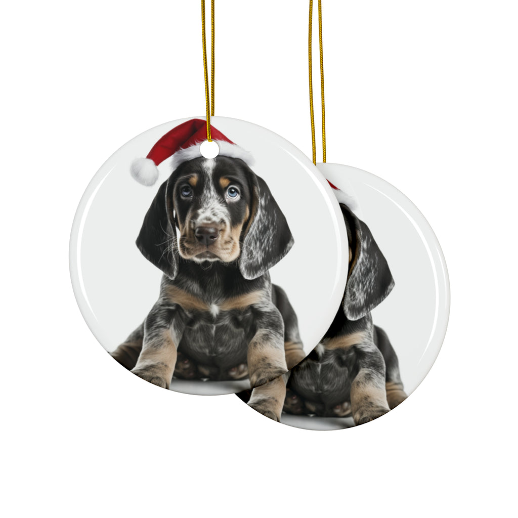 Hanging Ceramic Christmas Tree Ornament with Gold String - Bluetick Coonhound Puppy Design, view 2
