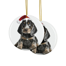 DistinctInk Hanging Ceramic Christmas Tree Ornament with Gold String - Great Gift/Present - 2 3/4 inch Diameter - Bluetick Coonhound Puppy Design
