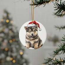 DistinctInk Hanging Ceramic Christmas Tree Ornament with Gold String - Great Gift/Present - 2 3/4 inch Diameter - Swedish Vallhund Puppy Drawing Design