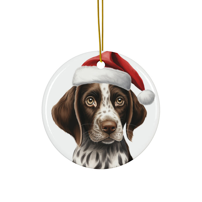 DistinctInk Hanging Ceramic Christmas Tree Ornament with Gold String - Great Gift/Present - 2 3/4 inch Diameter - Pointer Puppy Drawing Design
