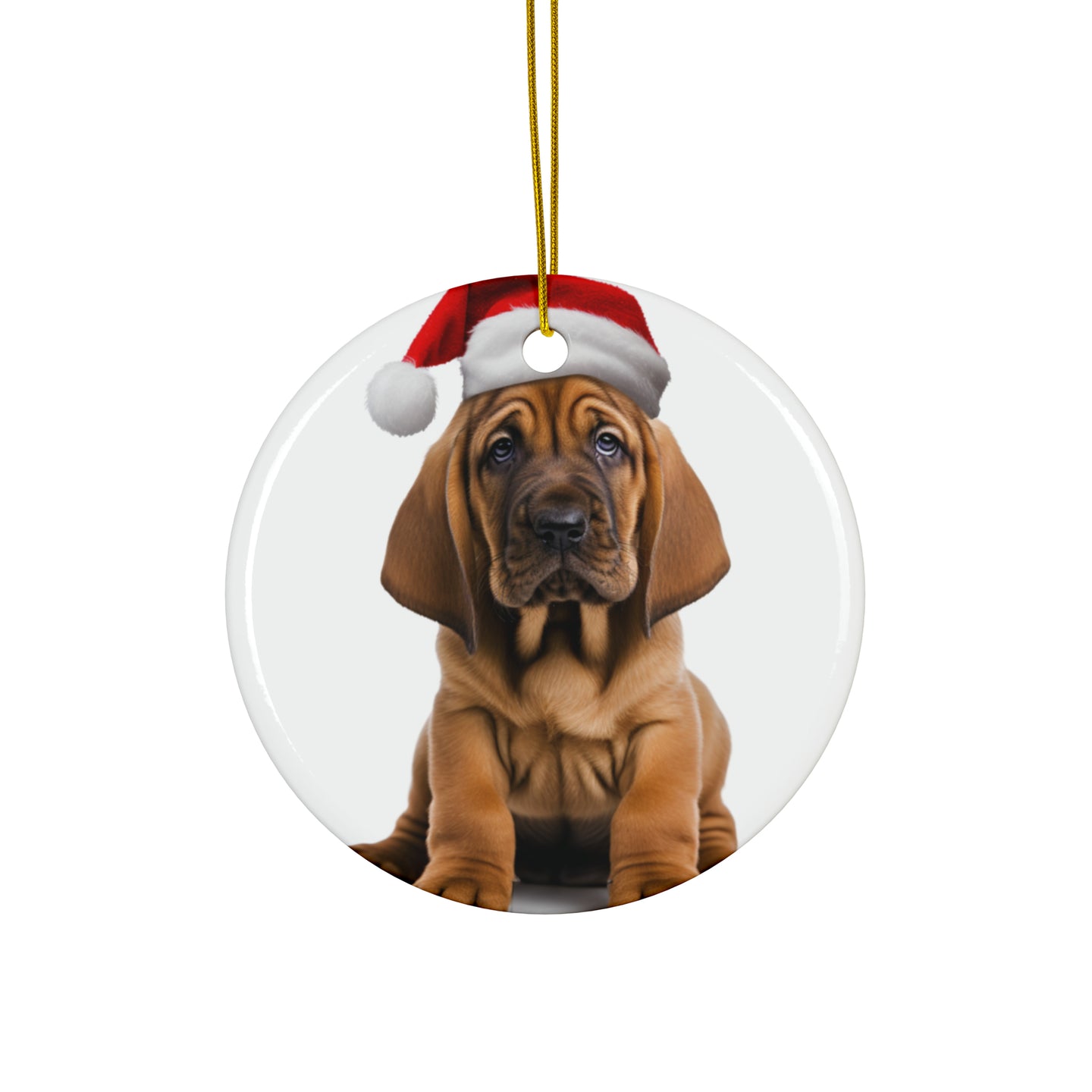DistinctInk Hanging Ceramic Christmas Tree Ornament with Gold String - Great Gift/Present - 2 3/4 inch Diameter - Bloodhound Puppy Design