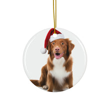 DistinctInk Hanging Ceramic Christmas Tree Ornament with Gold String - Great Gift/Present - 2 3/4 inch Diameter - Nova Scotia Duck Tolling Retriever Design