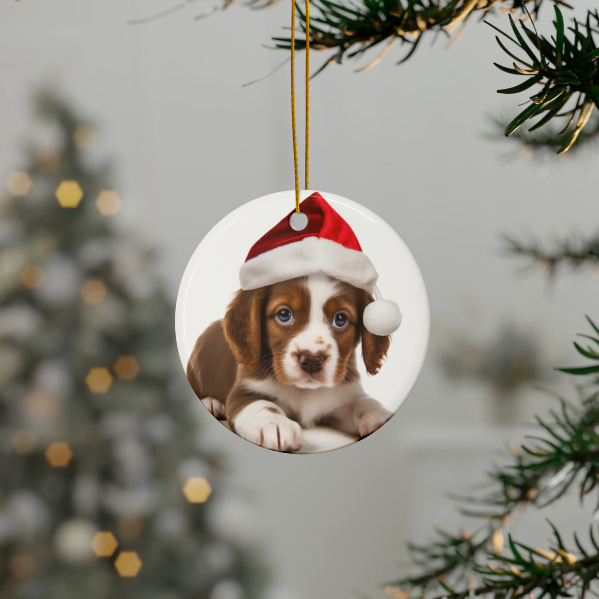 Hanging Ceramic Christmas Tree Ornament with Gold String - Brittany Puppy Design, view 3