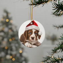 DistinctInk Hanging Ceramic Christmas Tree Ornament with Gold String - Great Gift/Present - 2 3/4 inch Diameter - Brittany Puppy Design