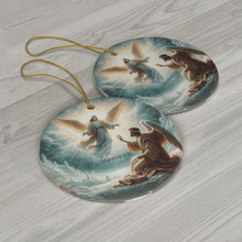 DistinctInk Hanging Ceramic Christmas Tree Ornament Charm with Gold String - Great Gift/Present - 2 3/4 inch Diameter - Angel's Revelation, Promise Fulfilled - Matthew 1:21