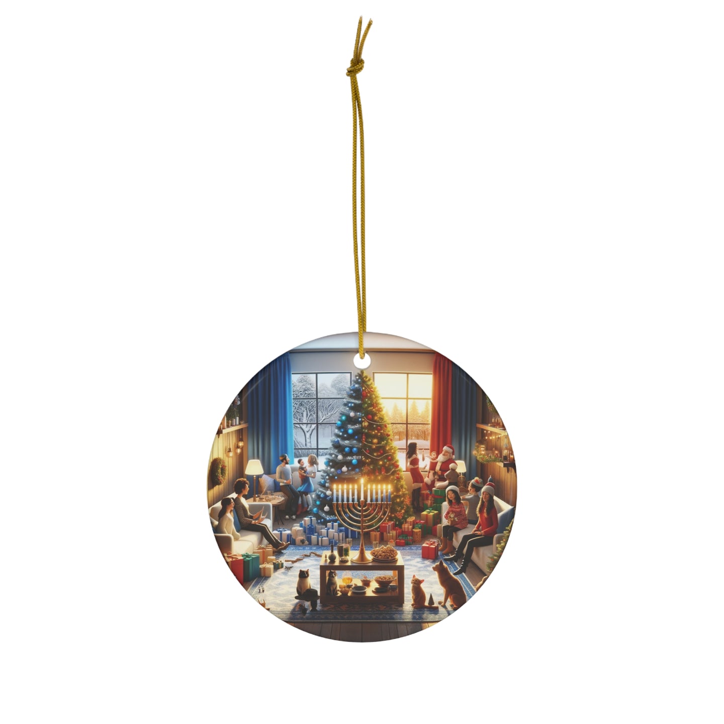 DistinctInk Hanging Ceramic Christmas Tree Ornament Charm with Gold String - Great Gift/Present - 2 3/4 inch Diameter - Winter Holiday Harmony