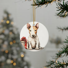 DistinctInk Hanging Ceramic Christmas Tree Ornament with Gold String - Great Gift/Present - 2 3/4 inch Diameter - Miniature Bull Terrier Puppy Drawing Design