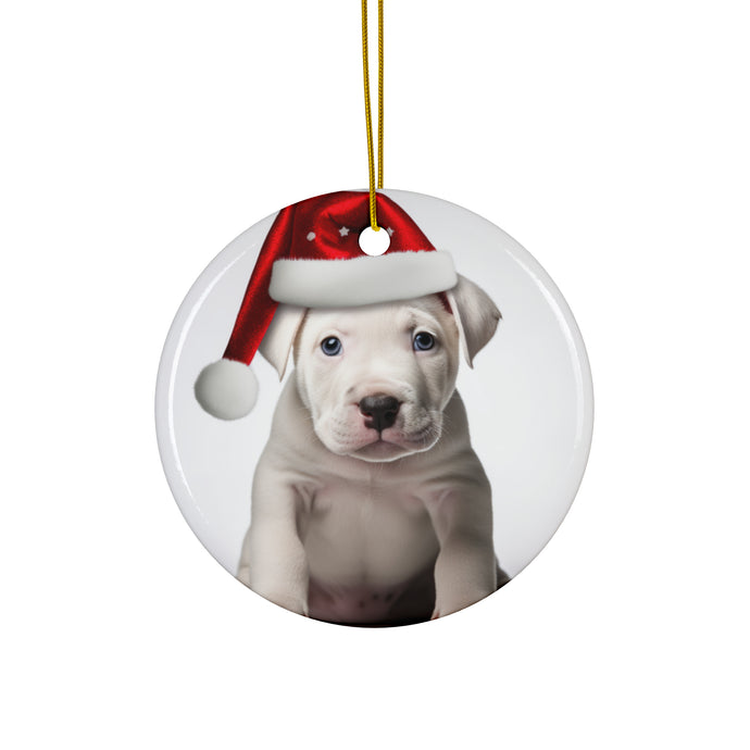 DistinctInk Hanging Ceramic Christmas Tree Ornament with Gold String - Great Gift/Present - 2 3/4 inch Diameter - Dogo Argentino Puppy Design