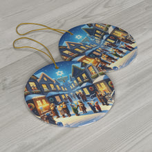 DistinctInk Hanging Ceramic Christmas Tree Ornament Charm with Gold String - Great Gift/Present - 2 3/4 inch Diameter - Festive Streets of Unity
