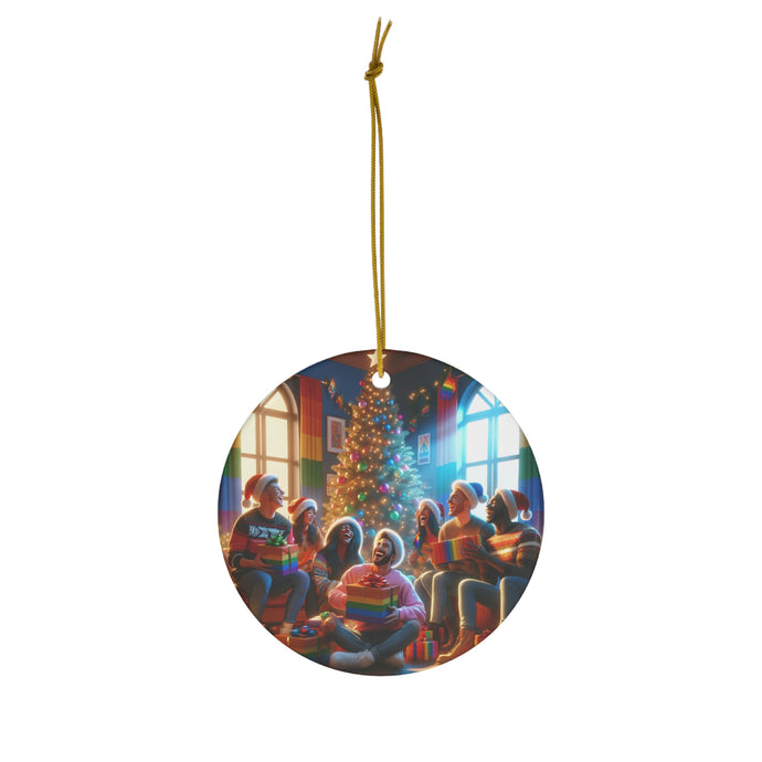 DistinctInk Hanging Ceramic Christmas Tree Ornament Charm with Gold String - Great Gift/Present - 2 3/4 inch Diameter - Christmas Joy in Pride Colors