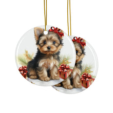 DistinctInk Hanging Ceramic Christmas Tree Ornament with Gold String - Great Gift/Present - 2 3/4 inch Diameter - Silky Terrier Puppy Drawing Design