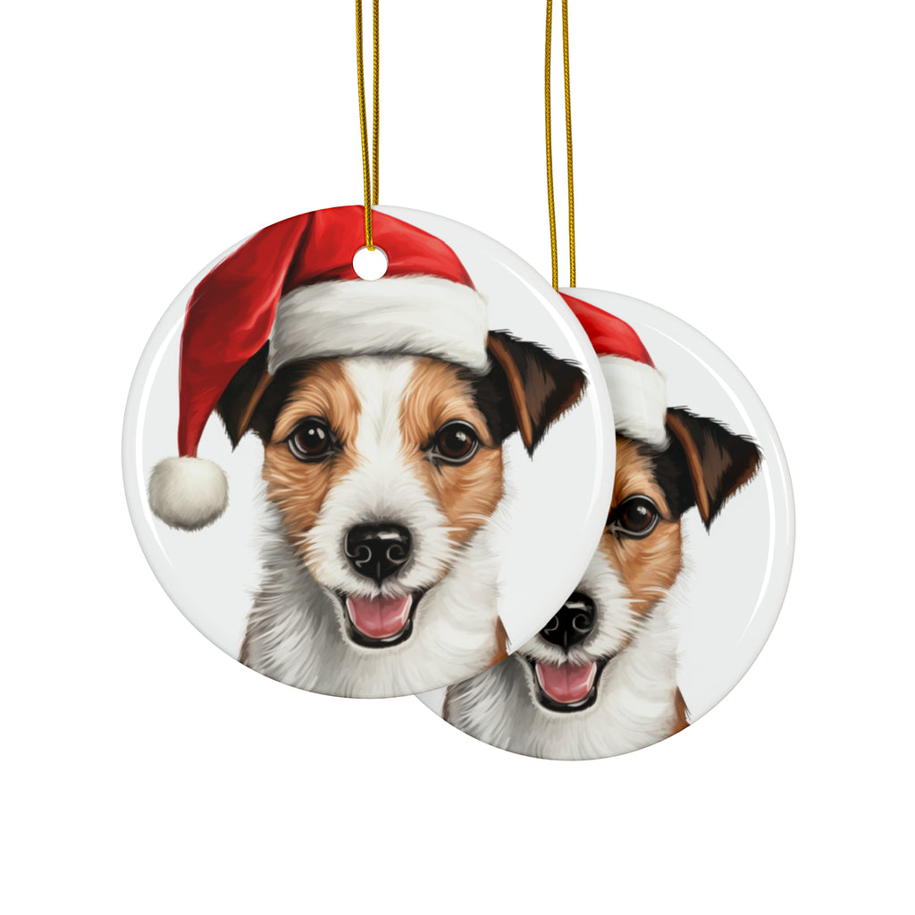 Hanging Ceramic Christmas Tree Ornament with Gold String - Russell Terrier Design, view 2